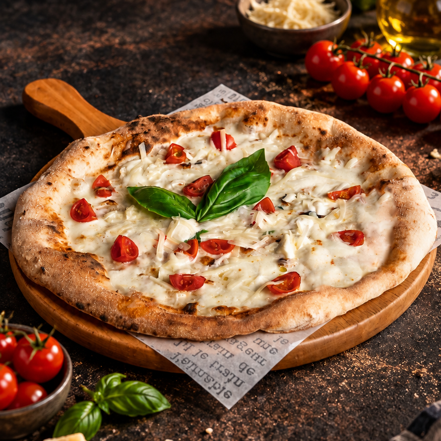Bianca pizza mozzarellával, koktélparadicsommal és pecorinóval
