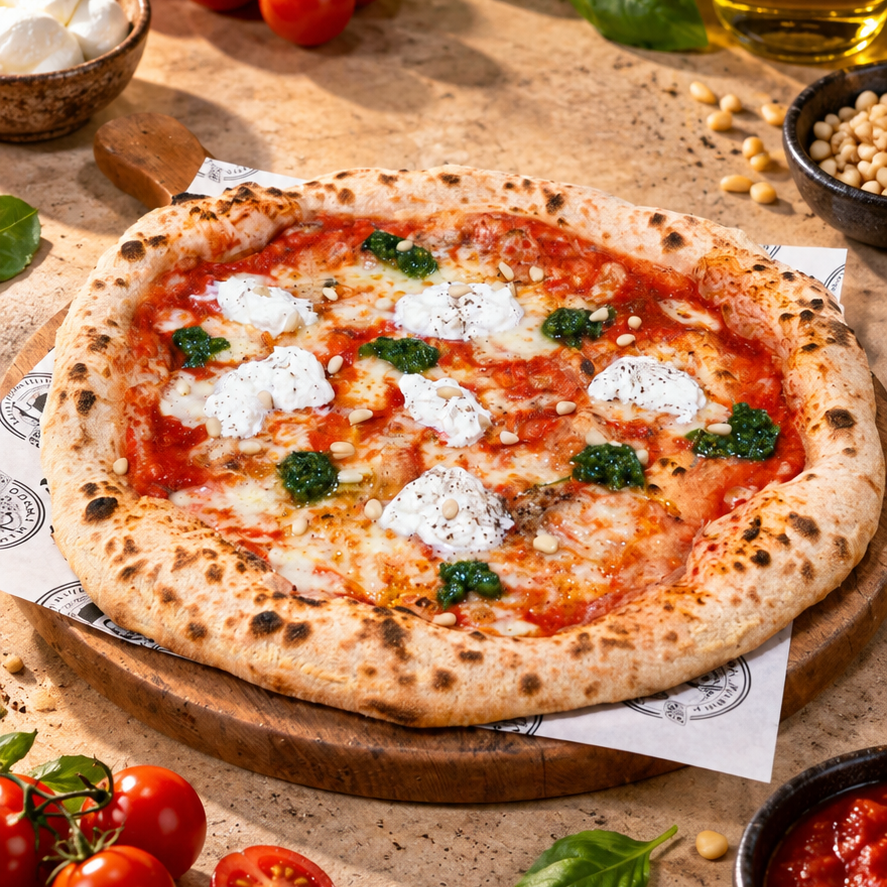 Burrata e Pesto pizza burratával, petrezselyempesztóval és fenyőmaggal