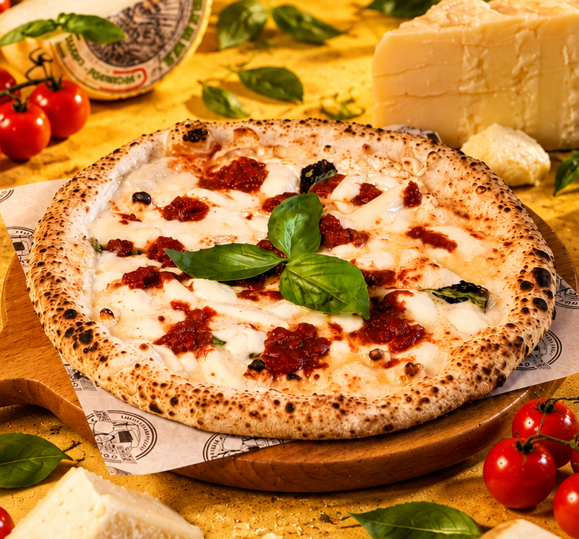 Hatsajtos pizza Gruyere-rel, taleggióval, pecorinóval és mozzarellával