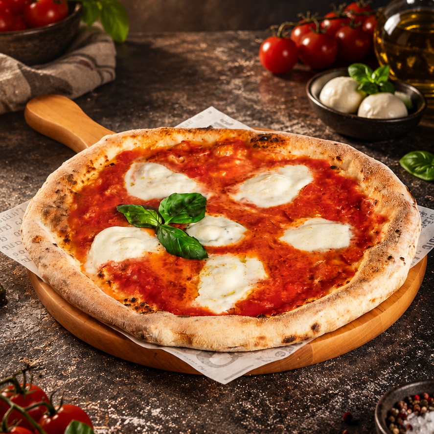 Margherita D.O.P. pizza bivalymozzarellával és bazsalikommal