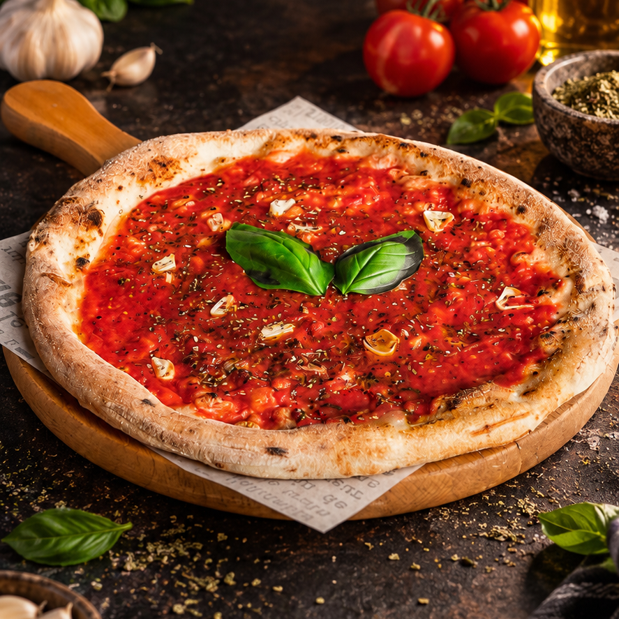 Marinara pizza paradicsommal, oregánóval és fokhagymával