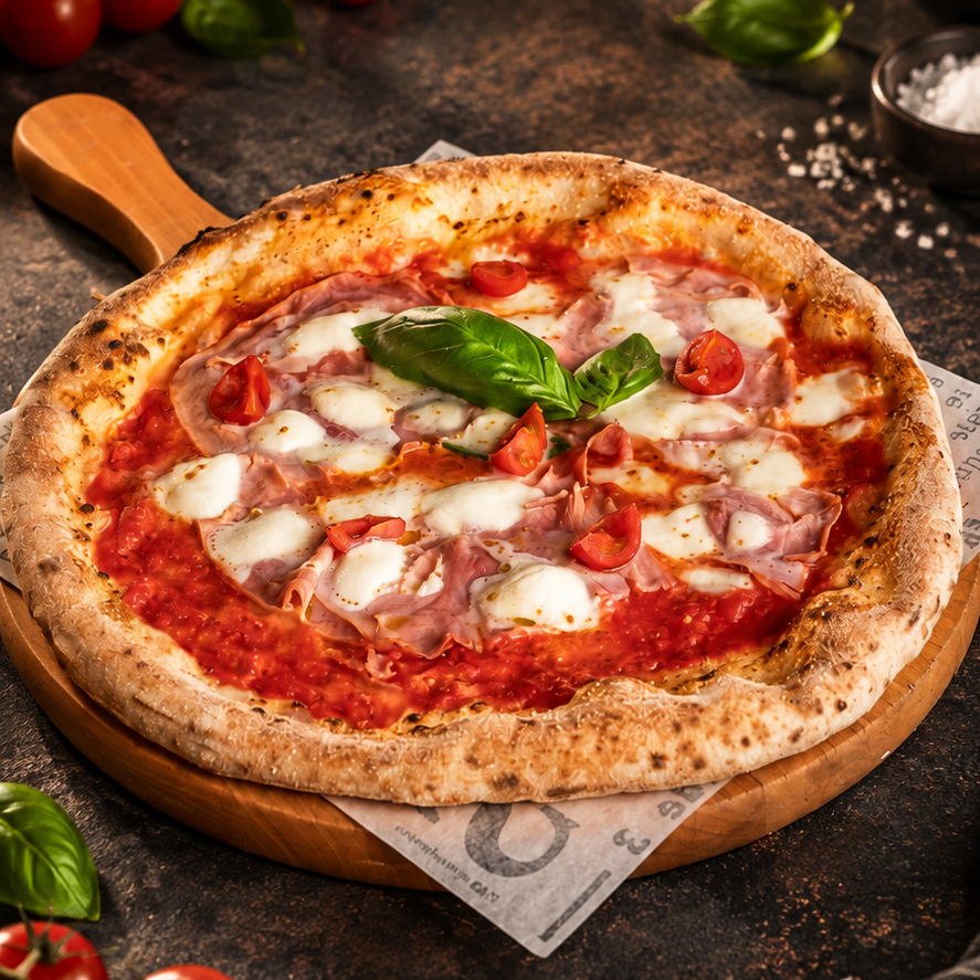 Prosciutto Cotto pizza sonkával, koktélparadicsommal és mozzarellával