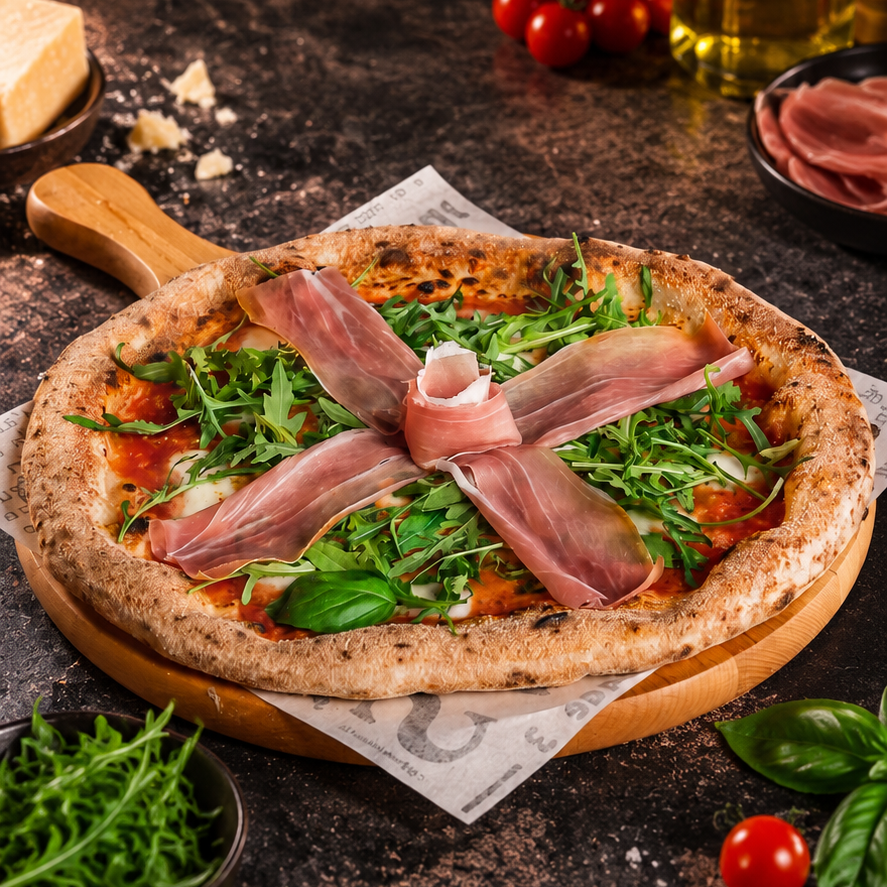 Prosciutto Crudo pizza sonkával, parmezánnal, mozzarellával és rukkolával