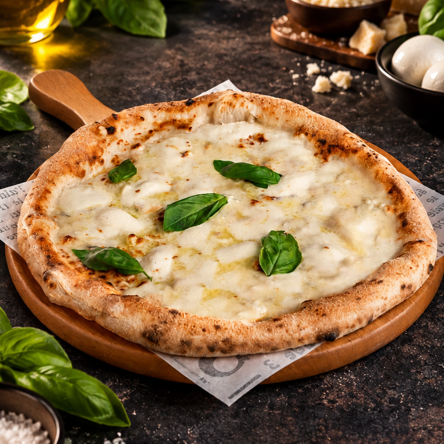 Quattro Formaggi pizza fontinával, pecorinóval, gorgonzolával és mozzarellával