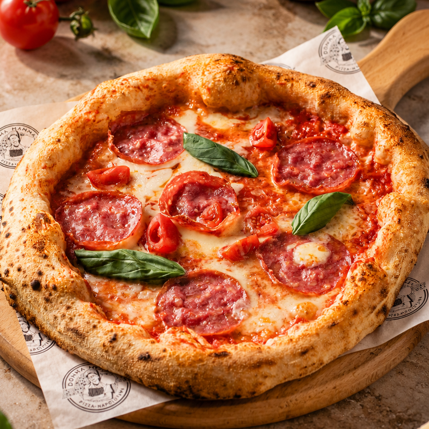 Salamino pizza nápolyi szalámival, koktélparadicsommal és mozzarellával
