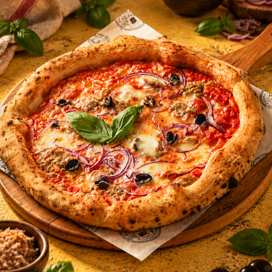Tonno pizza tonhallal, fekete olívabogyóval és lilahagymával