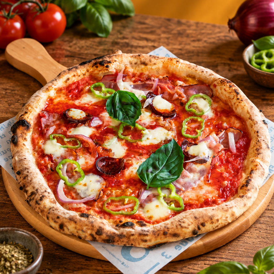 Ungherese pizza szalámival, szalonnával, lilahagymával és csípős zöldpaprikával