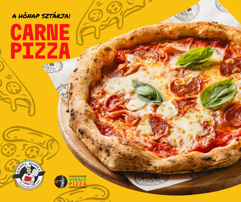 Carne Pizza San Marzano paradicsommal, pikáns szalámival, Prosciutto Cottóval és mozzarellával
