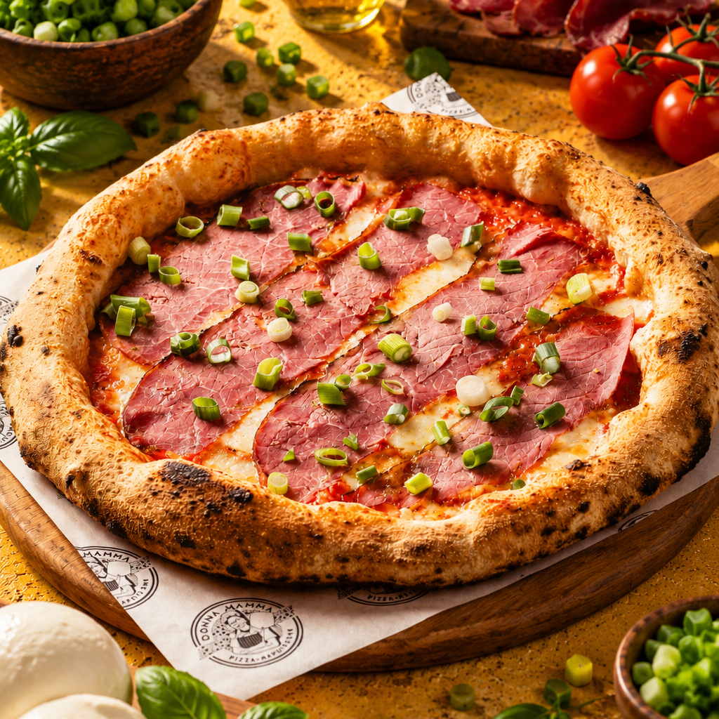 Pastrami pizza San Marzano paradicsommal, mozzarellával, újhagymával és bazsalikommal – Donna Mamma Pizza Napoletana