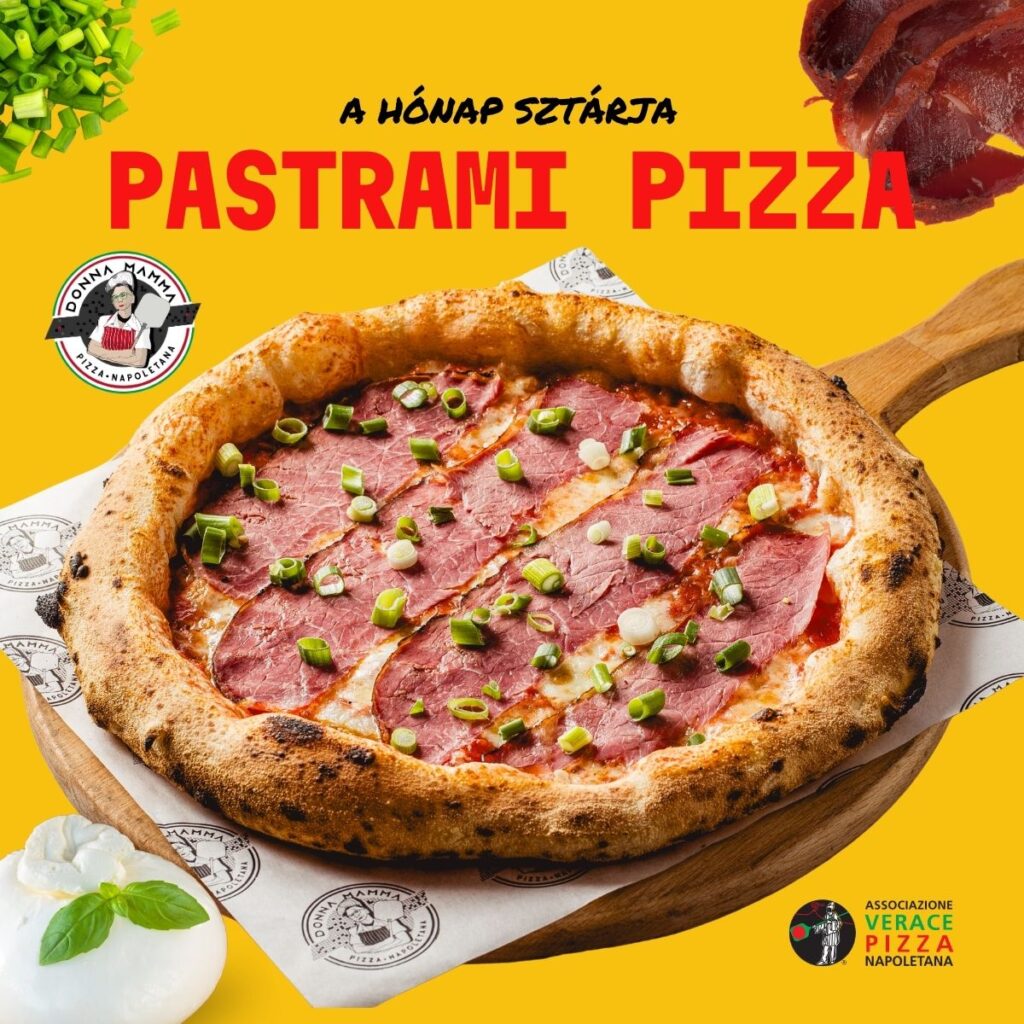 Pastrami pizza San Marzano paradicsommal, mozzarellával, újhagymával és bazsalikommal – Donna Mamma Pizza Napoletana